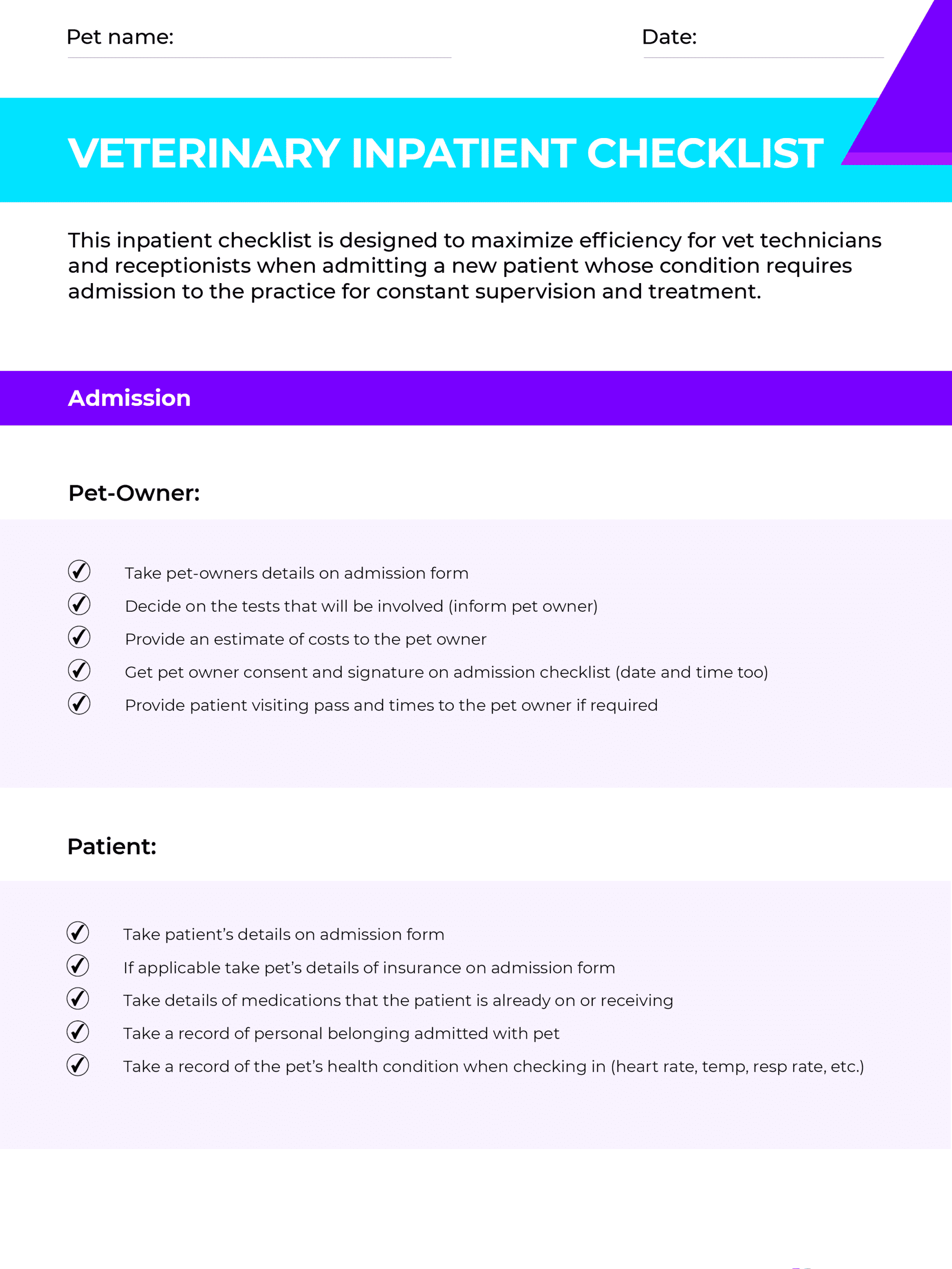 checklist checklists receptionist inpatient triage vetstoria