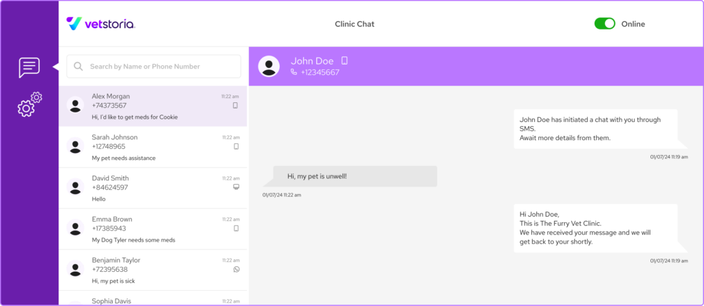 Vetstoria Chat messaging view